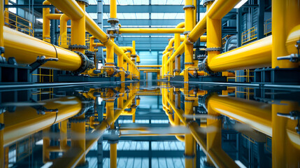 Oil and gas factory plant with yellow pipeline. Concept banner industry power plant background.