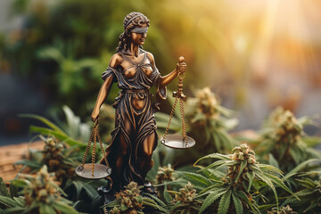 Lady Justice Blindfolded Holds Sword And Scales. Legalization of hemp. - obrazy, fototapety, plakaty