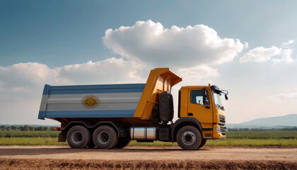A truck adorned with the Argentina flag parked at a quarry, symbolizing American construction. Capturing the essence of building and development in the Argentina