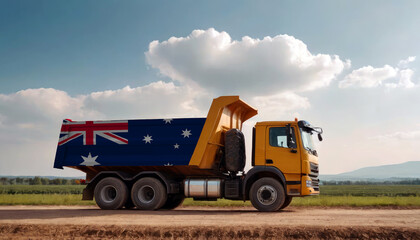 Fototapeta premium A truck adorned with the Australia flag parked at a quarry, symbolizing American construction. Capturing the essence of building and development in the Australia