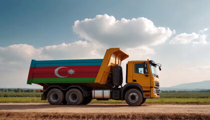 A truck adorned with the Azerbaijan flag parked at a quarry, symbolizing American construction. Capturing the essence of building and development in the Azerbaijan