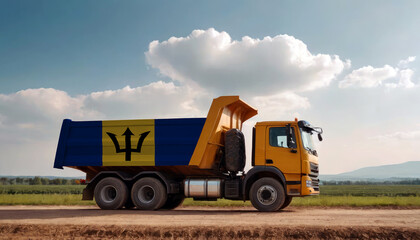 A truck adorned with the Barbados flag parked at a quarry, symbolizing American construction. Capturing the essence of building and development in the Barbados