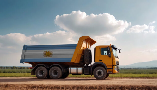 A truck adorned with the Argentina flag parked at a quarry, symbolizing American construction. Capturing the essence of building and development in the Argentina - Powered by Adobe