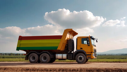 Obraz premium A truck adorned with the Bolivia flag parked at a quarry, symbolizing American construction. Capturing the essence of building and development in the Bolivia