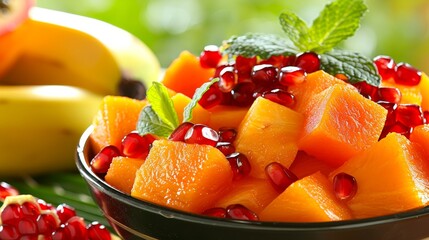 Vibrant tropical fruits for salad  papaya, pomegranate, banana in red bowl on green background