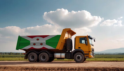 A truck adorned with the Burundi flag parked at a quarry, symbolizing American construction. Capturing the essence of building and development in the Burundi