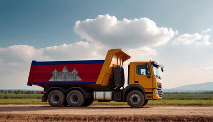 Obraz premium A truck adorned with the Cambodia flag parked at a quarry, symbolizing American construction. Capturing the essence of building and development in the Cambodia