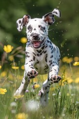 Energetic dalmatian puppy running in a meadow, displaying its distinctive spotted beauty