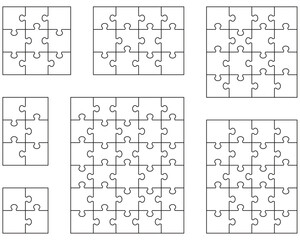 Illustration of seven white puzzles, separate pieces