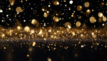 Fototapeta na wymiar glowing background overlay confetti Golden magic background dust effect light particles Christmas photo black shining gold texture glistering design blur
