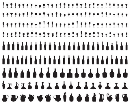 Black silhouettes of glasses and bottles of wine on a white background