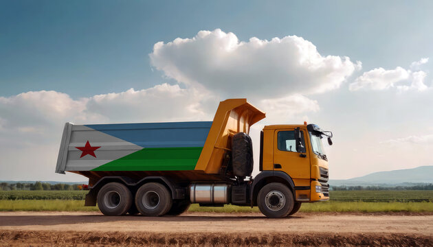 A truck adorned with the Djibouti flag parked at a quarry, symbolizing American construction. Capturing the essence of building and development in the Djibouti - Powered by Adobe