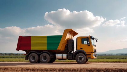 A truck adorned with the Guinea flag parked at a quarry, symbolizing American construction. Capturing the essence of building and development in the Guinea