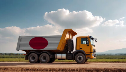 Fototapeta premium A truck adorned with the Japan flag parked at a quarry, symbolizing American construction. Capturing the essence of building and development in the Japan