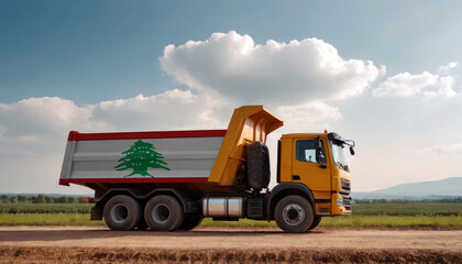 A truck adorned with the Lebanon flag parked at a quarry, symbolizing American construction. Capturing the essence of building and development in the Lebanon