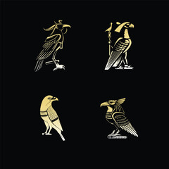 Egyptian god Horus logo icon design template. collection of images of the sacred Egyptian Falcon bird. Animal and human. elegant luxury gold flat vector
