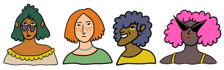 set collection female girls women character portrait in doodle style in vector. template for avatar design sticker coloring postcard poster print