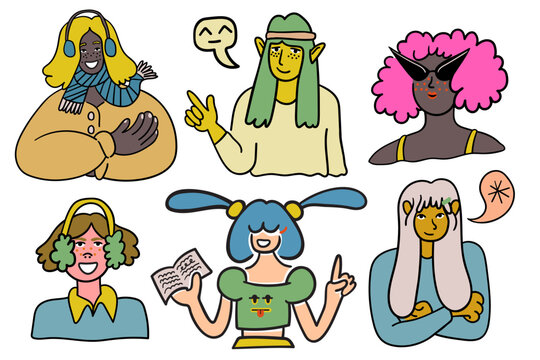 set collection female girls women character portrait in doodle style in vector. template for avatar design sticker coloring postcard poster print