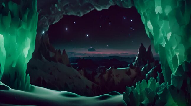 Close-Up Cinematic Snow Cave Mouth with Stunning Aurora Night