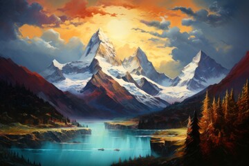 A Painting of a Mountain Range With a Lake in the Foreground - obrazy, fototapety, plakaty