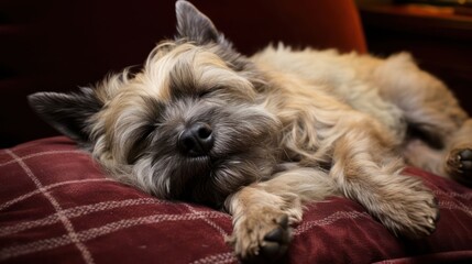 Naklejka na ściany i meble Cairn Terrier Dog peacefully asleep on a plush and cozy sofa
