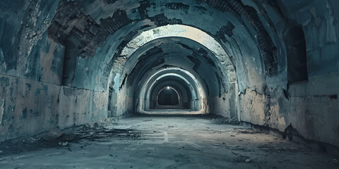 Deep narrow tunnel with lighting in abandoned bunker