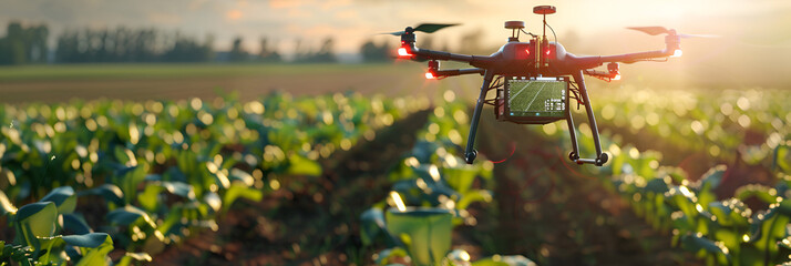 An unmanned drone flies over a field with a crop Smart innovation technologies - obrazy, fototapety, plakaty