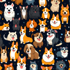 Seamless pattern with cute cartoon dogs on dark background. Vector illustration