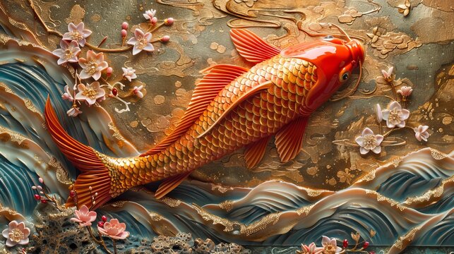 Printed wallpaper design with flower and koi carp fish. Ocean and wave wall art. Modern illustration. Brushed gold oriental style. Chinese and Japanese oriental line art with golden texture.