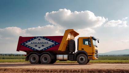 A truck adorned with the Arkansas flag parked at a quarry, symbolizing American construction. Capturing the essence of building and development in the Arkansas