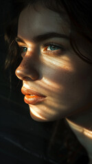 woman with a shadow from light on her face, ai