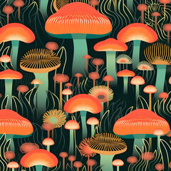 Seamless pattern with mushrooms in the forest. Vector illustration.