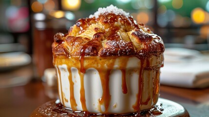 caramel banana bread pudding with a drizzle of salted caramel sauce