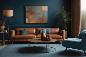 Gemütliches Wohnzimmer mit cognacfarbenem Ledersofa und blauer Polsterliege vor stilvollem Wandgemälde