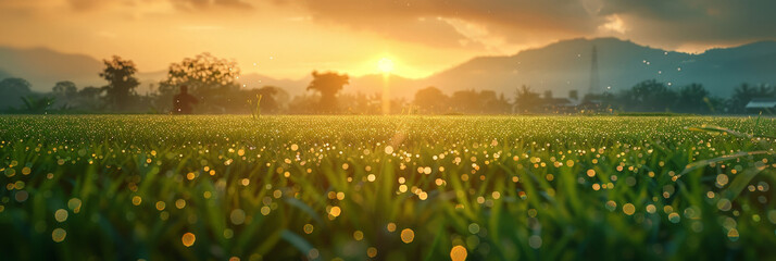 Close up of grass field with setting sun suitable for naturethemed designs, inspirational content, backgrounds, and relaxationthemed projects. - Powered by Adobe
