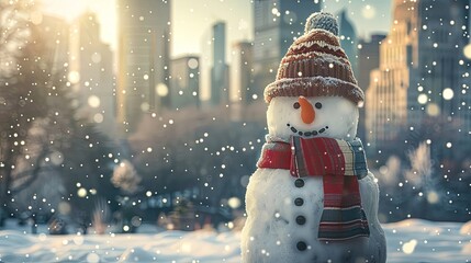A charming snowman adorned with a knit hat and colorful scarf stands in a snowy cityscape, with the warm glow of sunrise and gentle snowfall.