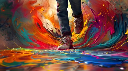 Abstract Emotional Expression Painted with Feet in Vivid Multicolored Swirling Patterns