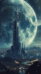 A futuristic city on the moon overlooking Earth