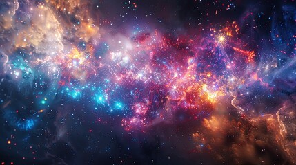 Obraz premium A captivating image of a cosmic nebula, bursting with an array of vibrant colors and glittering stars, evoking the vast beauty of the universe.