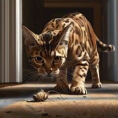 Bengal Cat Intently Stalking Feathered Toy Mouse Across a Carpeted Floor in a Domestic Setting