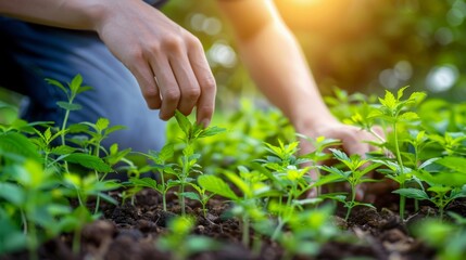 Fototapeta premium Young man working on plantation organic marijuana plants, sunlight, medical cannabis concept, alternative medicine, banner, copy space