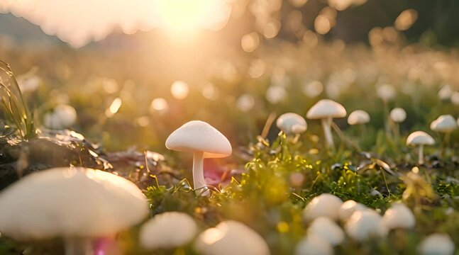 Close-Up Cinematic Fresh White Button Mushroom with Morning Farm