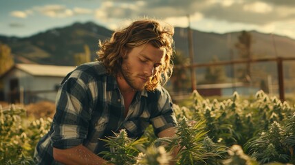 Young man working on plantation organic marijuana plants, sunlight, medical cannabis concept, alternative medicine, banner, copy space