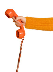 Woman answering a corded retro phone design element