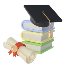 3D Stack of Closed Books, Diploma scroll and university or college black cap graduate Icon. Render Education or Business Literature. E-book, Encyclopedia, Textbook Illustration