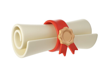 3d illustration of Degree Diploma or graduation scroll with red ribbon Icon. Render Education paper element for decoration poster, banner