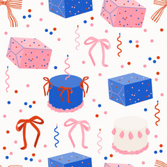 Party birthday seamless pattern with bento cake, candles, bows, gifts, confetti. Texture for wrapping paper, wallpaper, textile design - obrazy, fototapety, plakaty