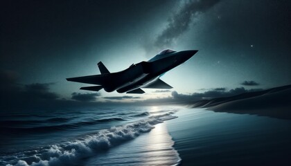 Stealth Fighter Jet Patrolling Coastal Skies at Night
