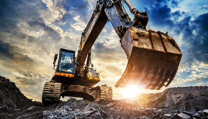 Close-up, bottom view and front view of a large excavator in a coal mine with dramatic sky on background at sunset or sunrise. Earth mover concept. Generative Ai.