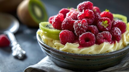 classic vanilla pudding with a medley of raspberries and kiwi